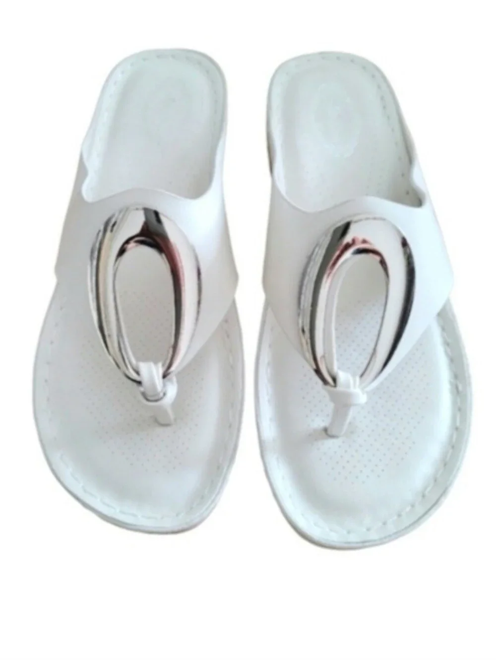 White Thong Sandals with Silver Accent - Women's Casual Slides - Picture 8 of 8